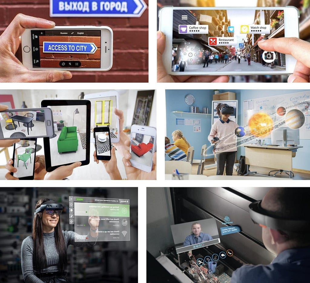 Image with examples of augmented reality, like translation of text on the street with smartphone camera, or usage of AR and VR glasses for education or communication.