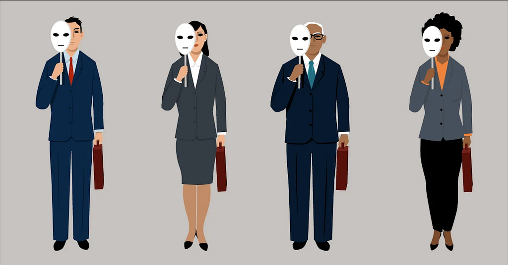 Four personas are standing and have a mask in their hands. It is a representation of different personalities than their own.