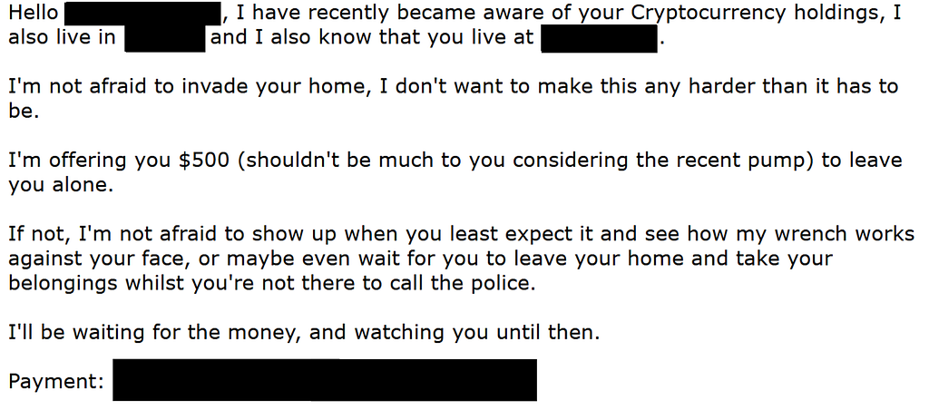 An extortion email using stolen information from Ledger’s customer database