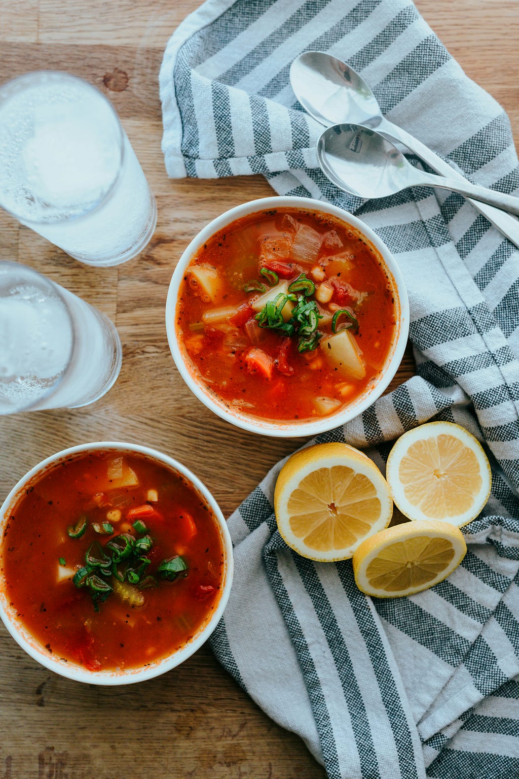 Two bowls of minestrone soup