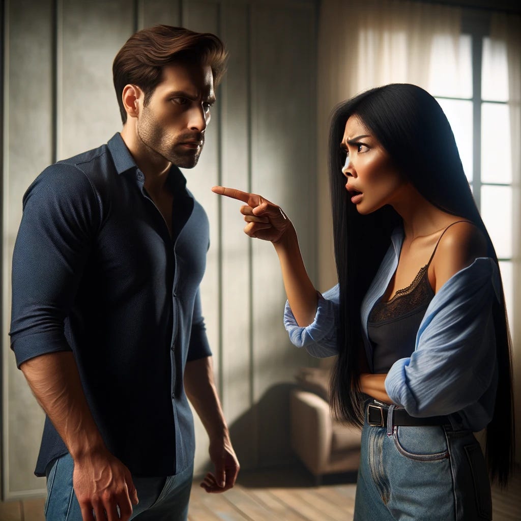 Photo of a dramatic confrontation in a well-lit room, where a South Asian woman with long, straight black hair and a scornful expression is pointing a finger accusingly at a man. The man, of European descent with short brown hair, stands with a stunned look on his face, wearing a casual blue shirt and jeans.