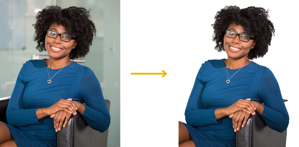 Before and after images of a photo of a woman with and without background