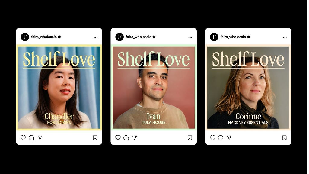 Instagram mockups for the Shelf Love campaign, featuring three different retailers with text “Shelf Love” overlaid their headshots.