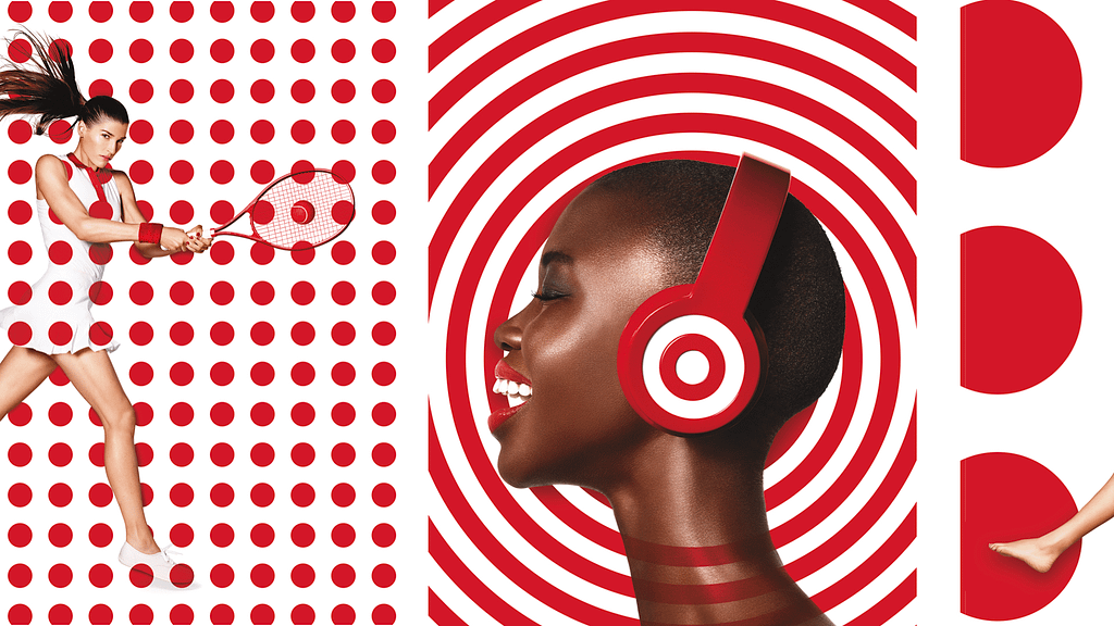 Examples of visuals from the Target brand. Woman playing tennis, woman with headphones, abstract pattern.