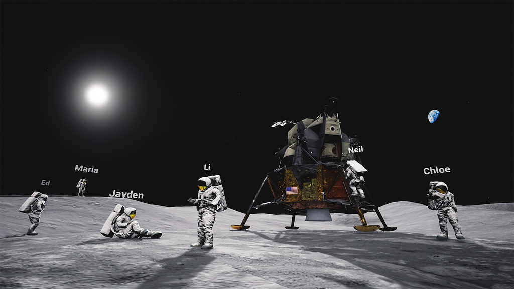 A 3D rendering of the moon’s surface. The sun and the Earth are visible in the black sky to the left and right of the image. On the surface is a 3D rendering of the Apollo 11 moon lander, with astronauts in various poses between the foreground and the background. Each astronaut has a name over their head. The names are representative of different genders and cultural backgrounds.