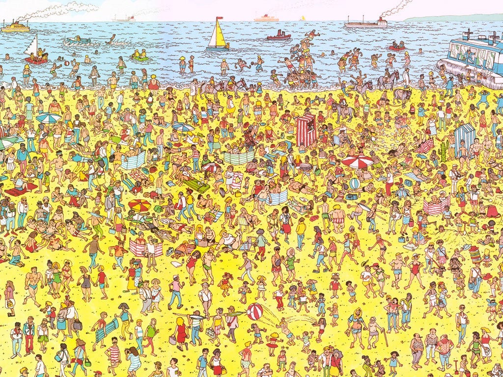 The cartoon protagonist Wally is hidden in a crowded beach