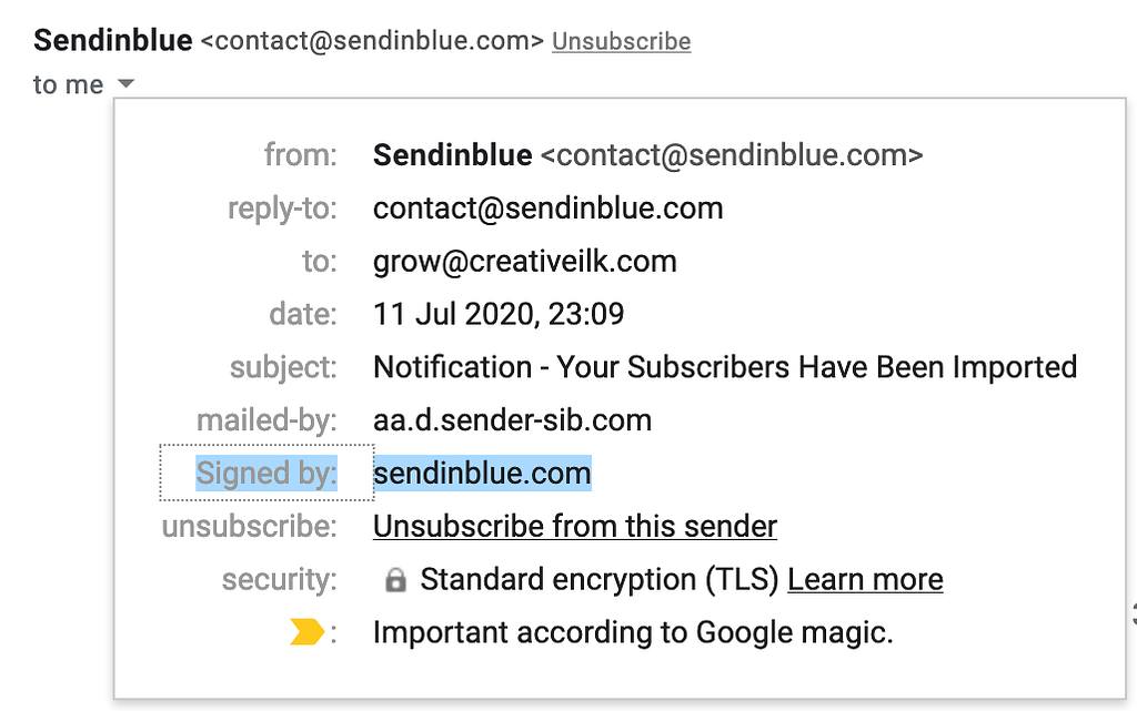 Example of the signed by section in an email header