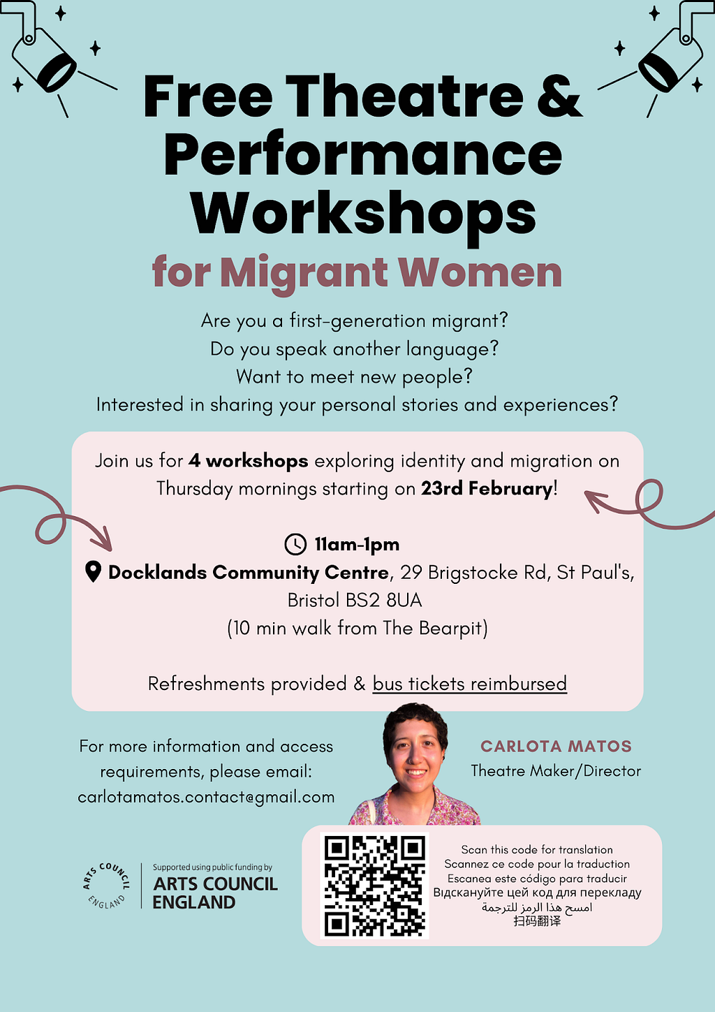 Free Theatre & Performance Workshops for Migrant Women flyer with details including: Thursday mornings starting on 23rd February, 11am-1pm, Docklands Community Centre, 29 Brigstocke Rd, St Paul’s, Bristol BS2 8UA. Refreshments provided and bus tickets reimbursed.