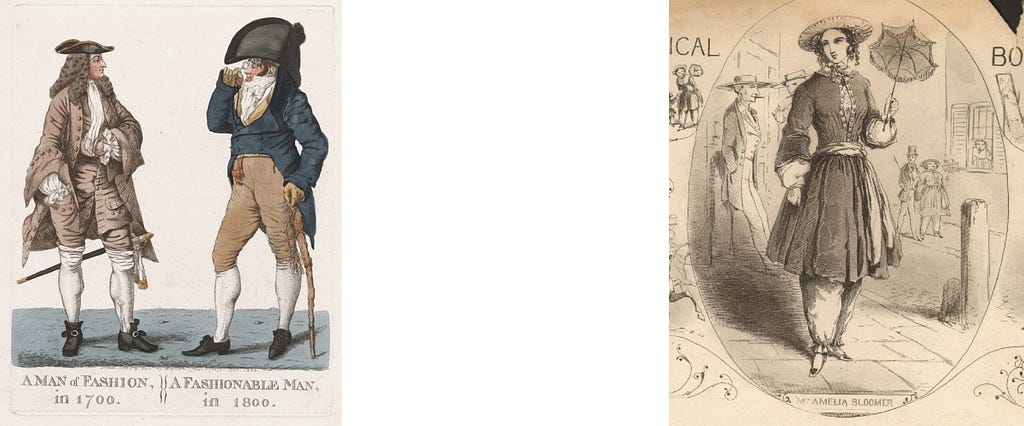 Fashion for men in 1700 and 1800 (left); Image of Amelia Bloomer by unknown artist in 1849, bloomers trousers were named after her (right)