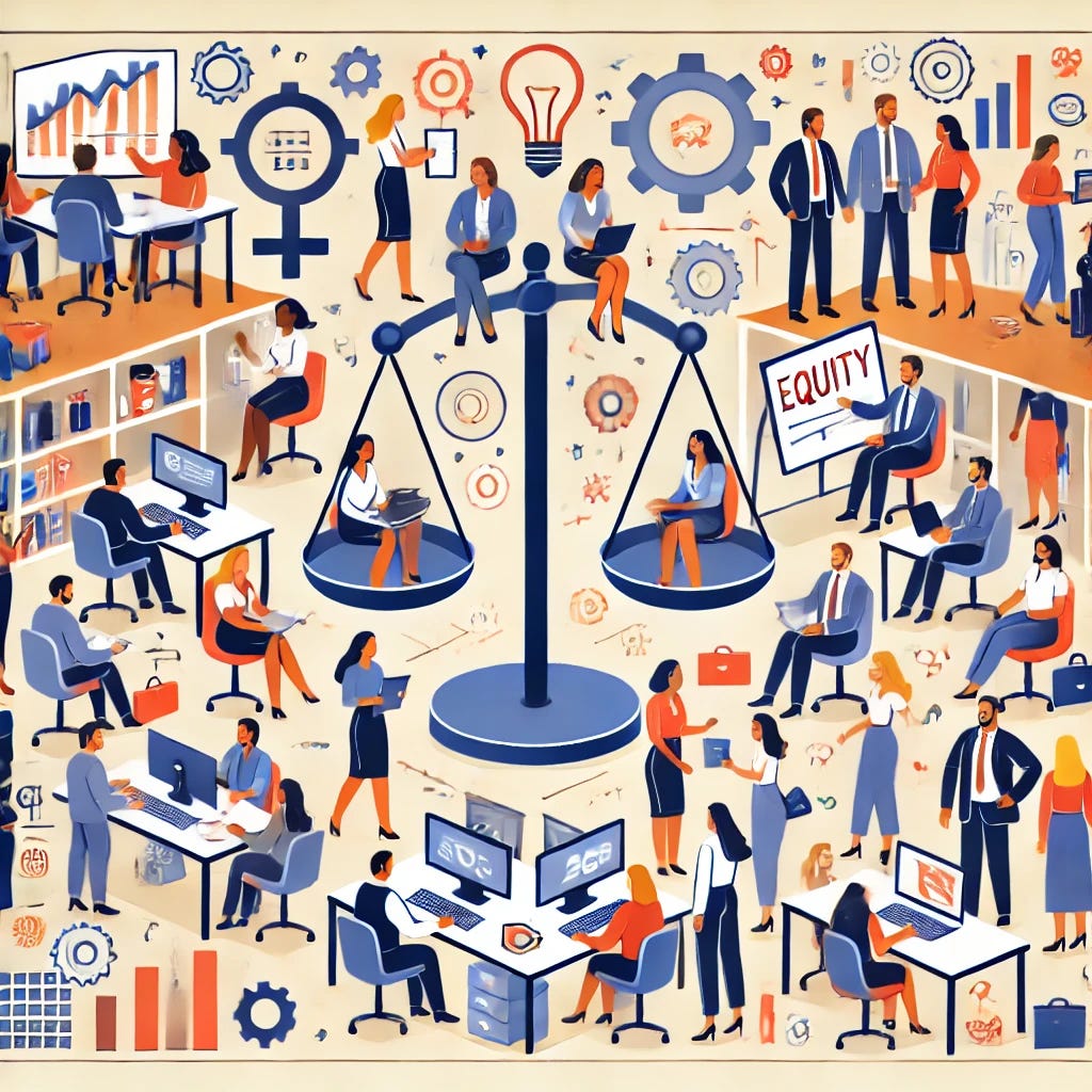 An illustration depicting gender equity in the workplace. The scene shows a diverse group of men and women working together in an office setting, engaging in tasks such as meetings, discussions, and collaborative projects. Symbols of challenges and solutions, like a balance scale representing equity, arrows indicating growth, and gears symbolizing teamwork, are subtly integrated into the design. The atmosphere is positive, inclusive, and collaborative.