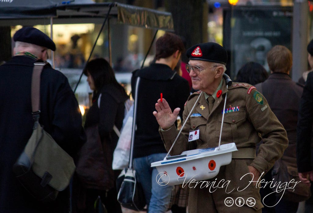 Veteran selling poppies in Vancouver, BC, Canada