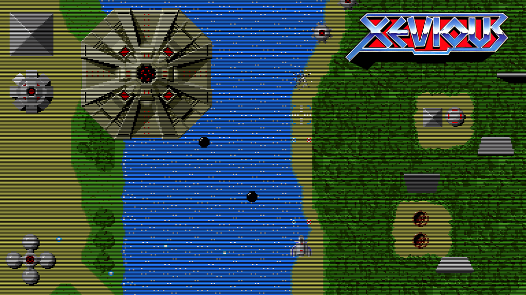 The game shows a top-down view of a river and a forest with strange alien ships flying over it.