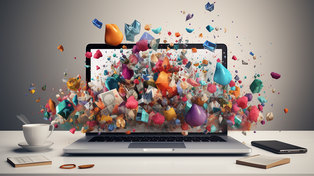 Dynamic visualization of a laptop exploding with colorful shapes, textures, and everyday objects, capturing the essence of digital creativity and limitless possibilities in the online world.