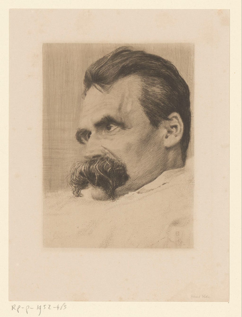 Etching of Friedrich Nietzsche, leading German philosopher of the modern era.