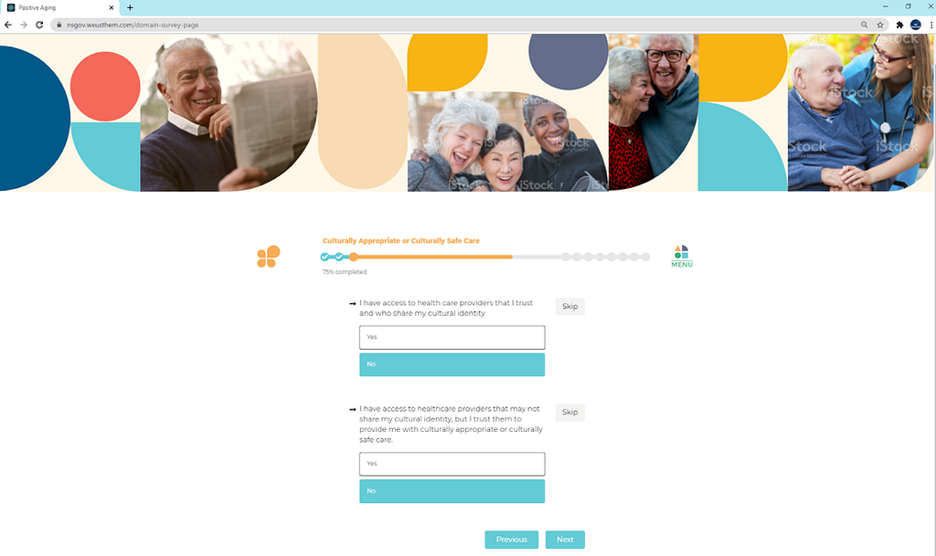 A series of additional questions for the user to answer are featured on the bottom of the page and several images of smiling older adults are featured at the top of the page.