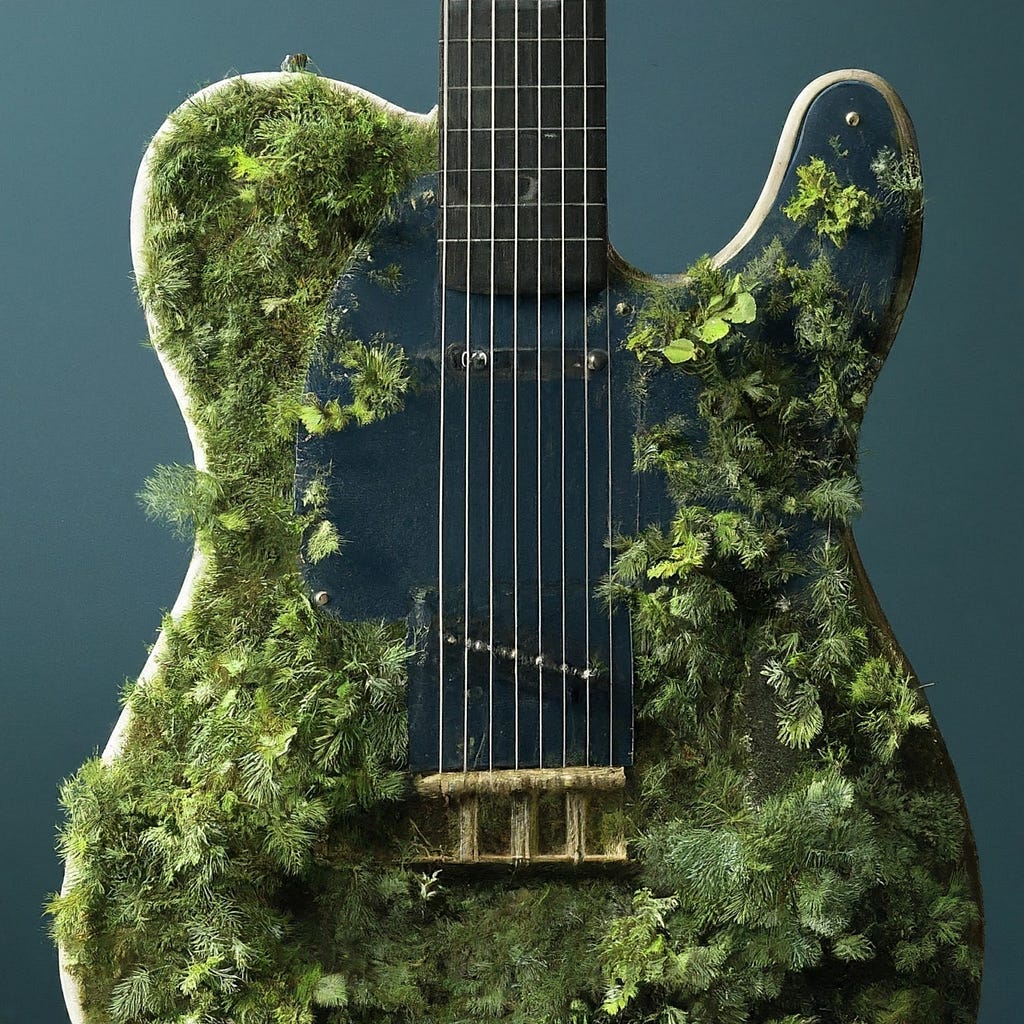 A close-up of a blue electric guitar partially covered with vibrant green moss and small plants, symbolizing the fusion of music and nature, in line with the theme of musicians supporting renewable energy.