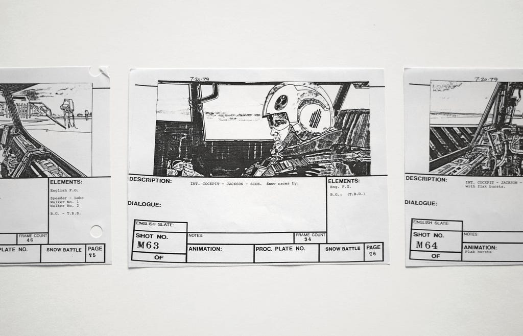 Storyboards for a film, with a sketch of a man in a helmet sitting in the cockpit of a plane.