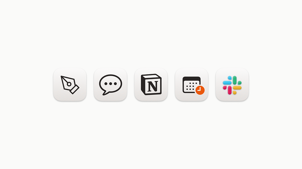 A vector illustration of 5 icons featuring a pen tip, a speech bubble, Notion logo, a calendar and Slack’s logo — Illustration by Ed Orozco.