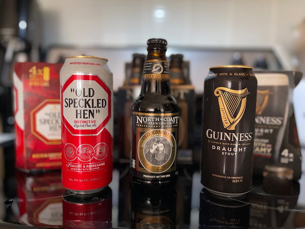 A picture I took myself of the beers I bought. From left to right, these include Old Speckled Hen, Old Rasputin Russian Imperial Stout, and Guinness Draught.