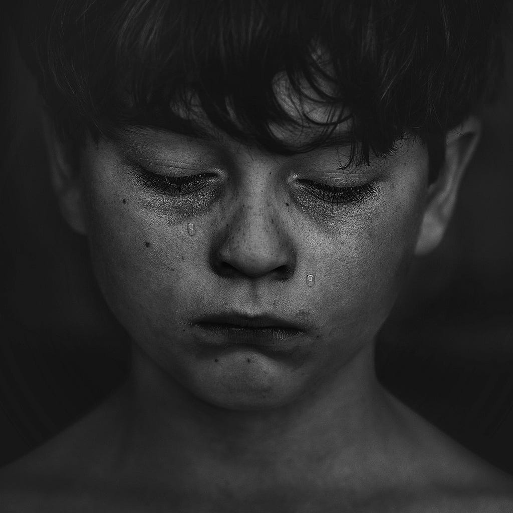 A boy is crying because of trauma.