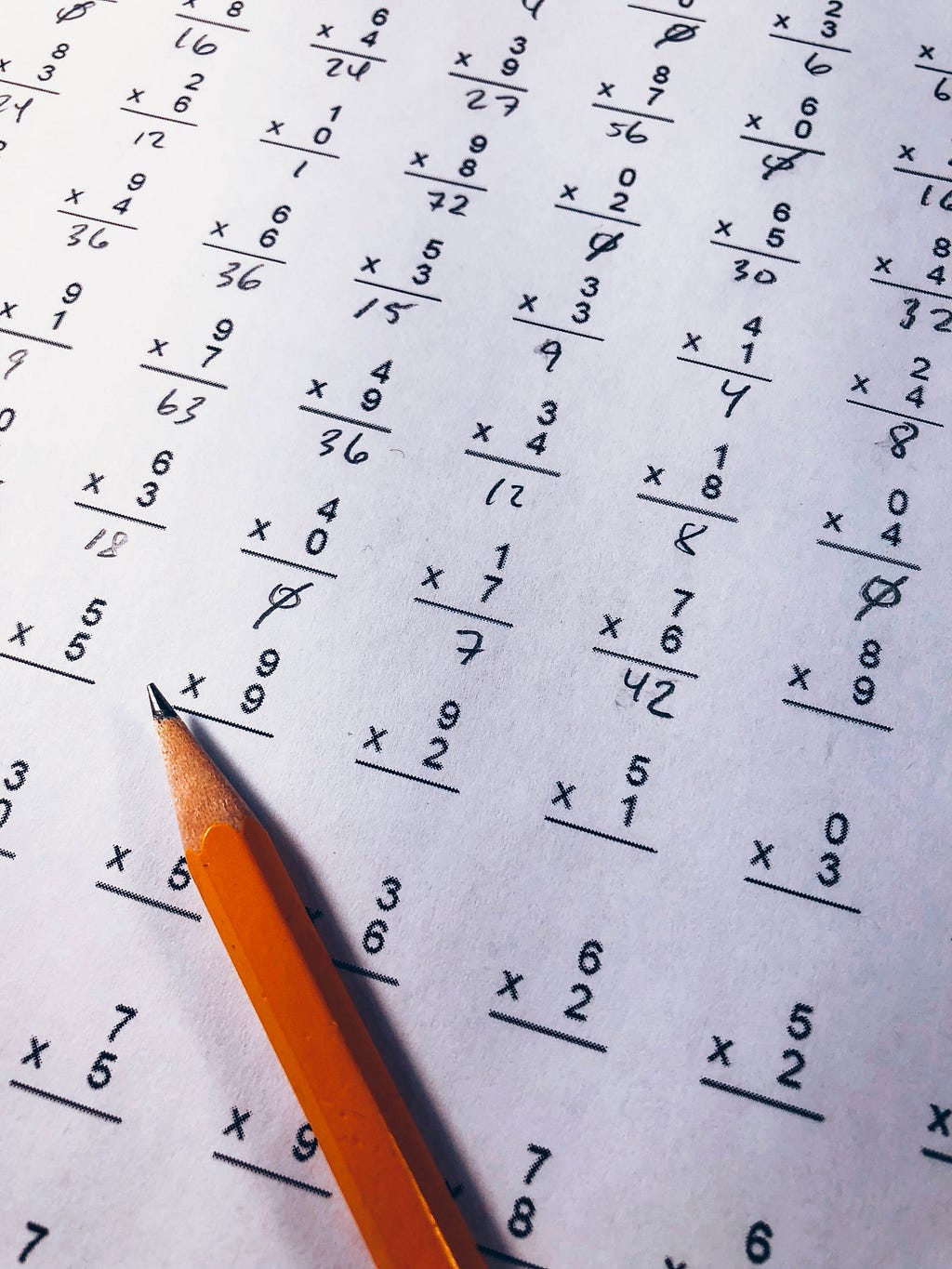 Sheet of paper with multiplication tables and a pencil
