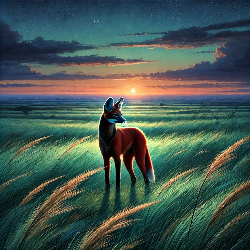 A lone maned wolf stands in tall green grass at dusk, its reddish fur glowing in the sunset. A distant city fades into the horizon on one side, while open wilderness stretches on the other.