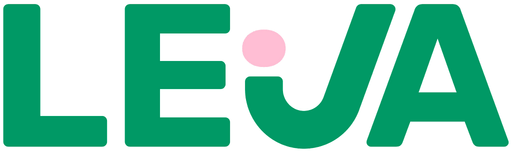Leja’s logo. The text LEJA in thick green lettering with a pink dot above ‘J’ against a white background.