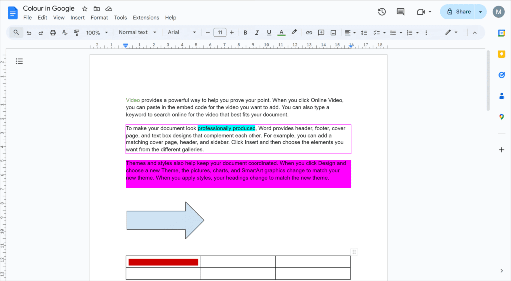 Example of the colour options in Google Docs, font, border, background, shape and cell fill colours.