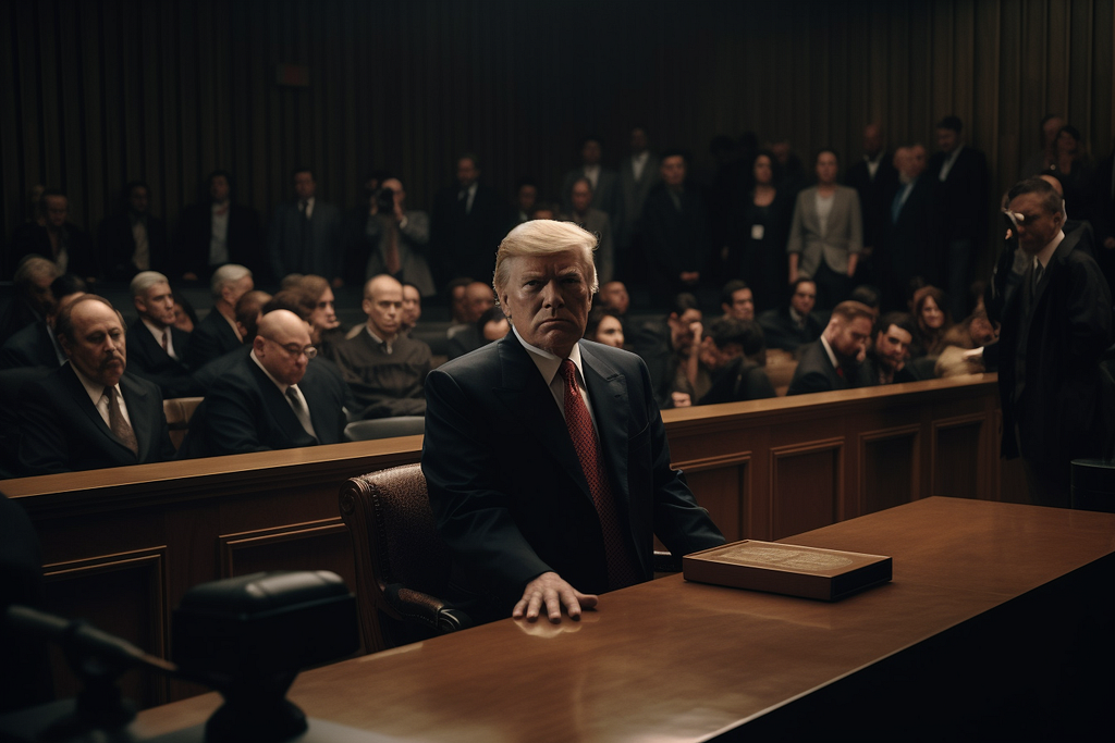 Donald Trump on trial in a court room.