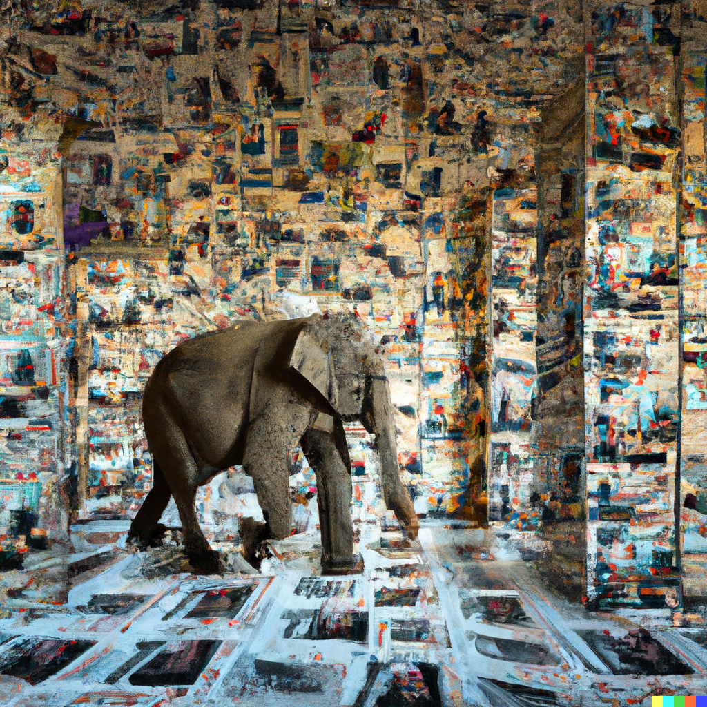 This image was generated by Dall-E for the prompt: “A room with random newspapers covering the walls, and large elephants looming menacingly, made from classic images of neural networks”