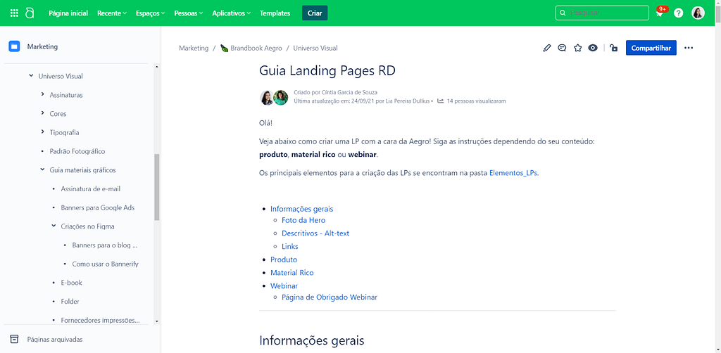 Print da tela do Confluence contendo o início do tutorial para criação das landing pages. No título lê-se “Guia Landing Page RD” seguido de um texto introdutório e um índice listando o conteúdo do guia.