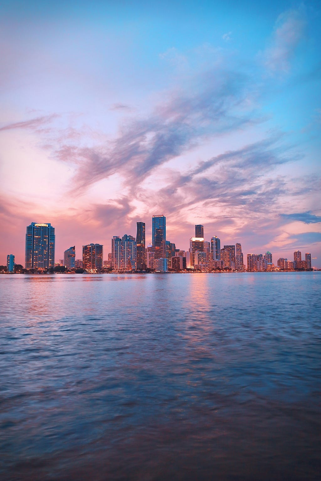 The waterfront skyline of Miami as the sunlight  fades away.