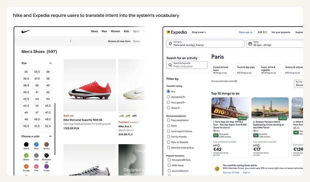 Nike showing 54 size buttons and 10 color swatches for 597 men’s shoes. Expedia showing keyword search, traveller rating radio buttons, and location checkboxes for Paris activities.