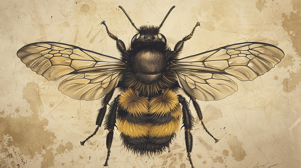 A detailed bumblebee tattoo sketch with intricate wing patterns and a bold, black and yellow striped body.