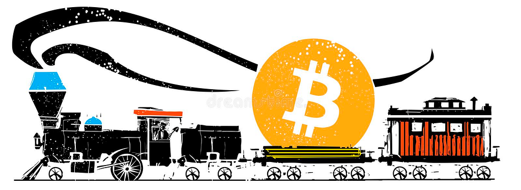 A train with the Bitcoin logo on the first car behind the engine