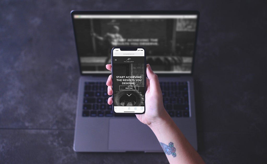 A mock-up of a personal trainer's website showing how the design changes between mobile and laptop views.