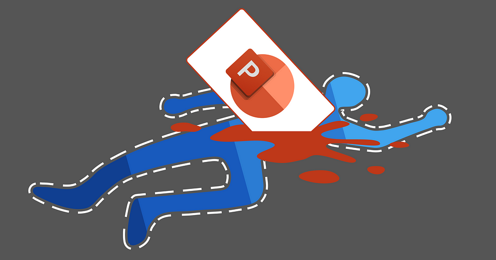 Cartoon of an outline of a body o the floor, impaled by a PowerPoint slide and surrounded by spattered blood