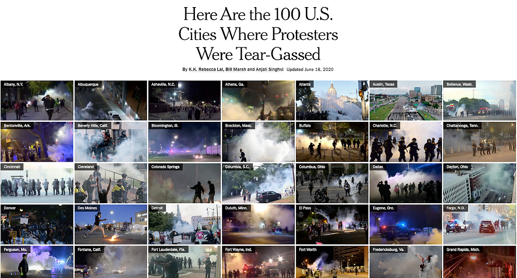 Collage of 35 images depicting police brutality in the United States. The top left corner of each image details the specific location of each incident.