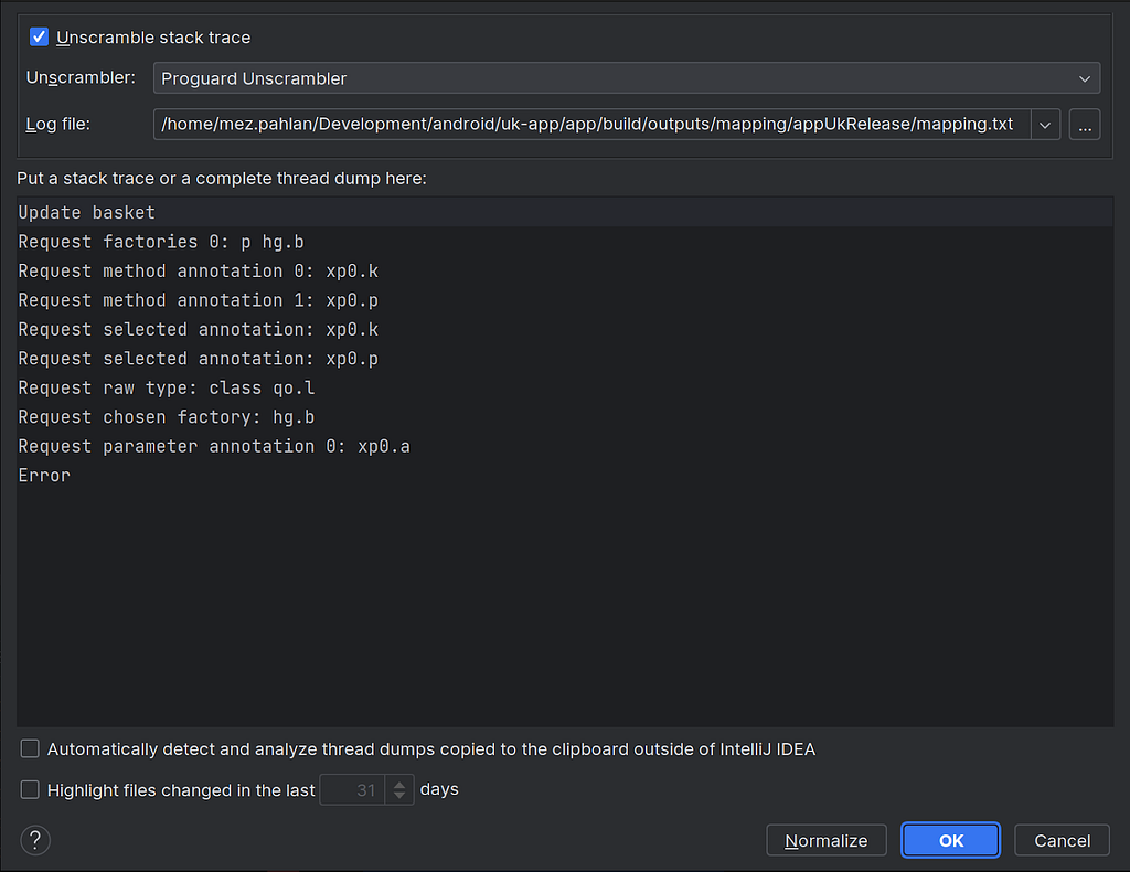 The Analyse Stack Trace screen in AndroidStudio.