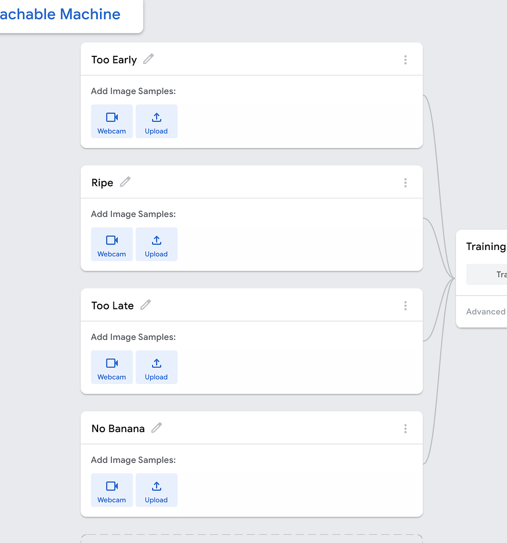 A user interface with four boxes, one for each class: Too Early, Ripe, Too Late, No Banana.