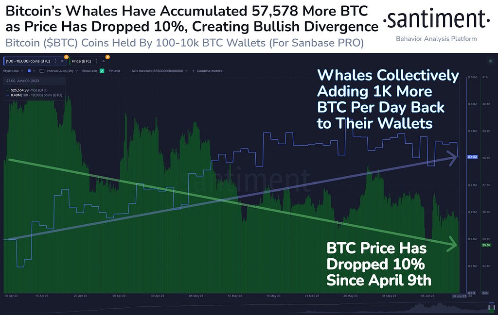 Santiment chart showing Bitcoin whales (those holding 100–10,000 BTC) have cumulatively added 57,578 more BTC (approximately $1.5 billion worth) even as the BTC/USD spot price has dropped 10%