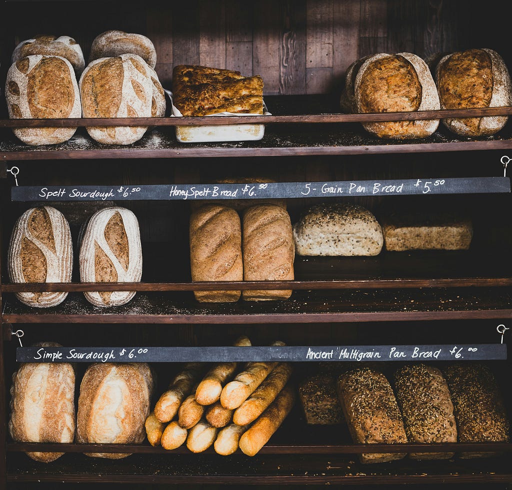 Dark-stained, open wooden shelves at a bakery display at least nine different varieties of bread. Visible handwritten chalk strip signage indicates  Spelt Sourdough, Honey Spelt Bread, Simple Sourdough, 4-Grain Pan Bread, and Ancient Multigrain Pan Bread, with prices. Two of the other varieties look like baguettes and focaccia.