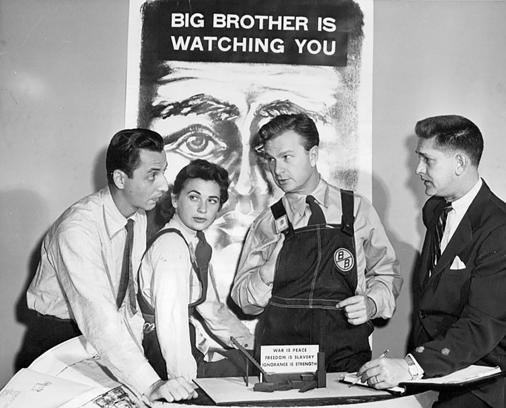 Actors Eddie Albert and Norma Crane, with director Paul Nickell and designer Kim Swados, publicise CBS’s 1953 TV play of 1984