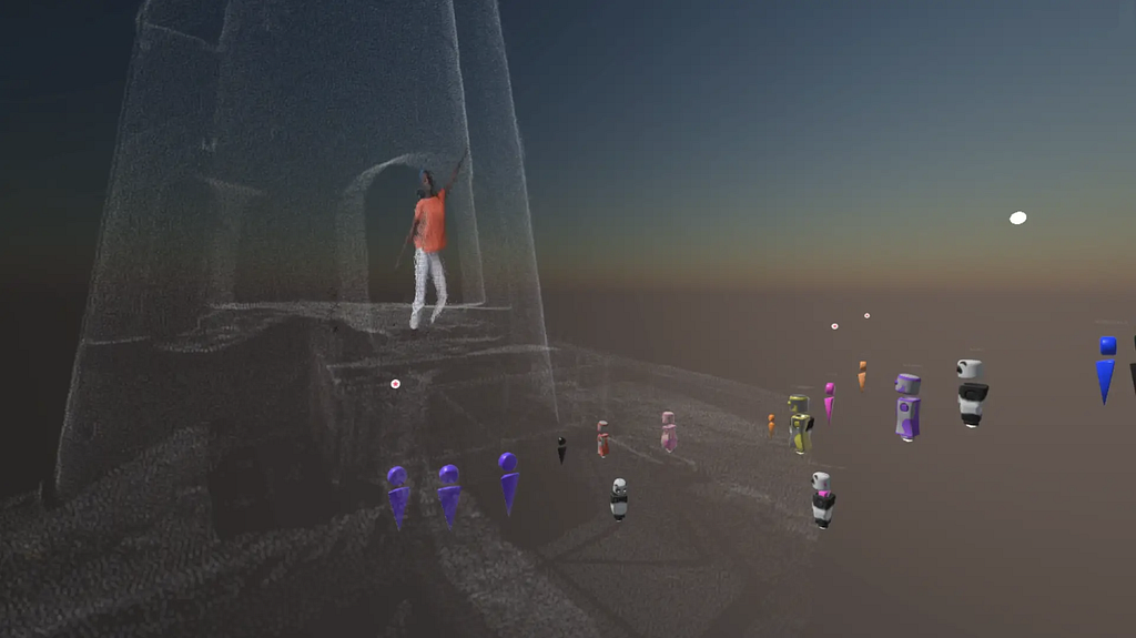 3D representation of Valencia dances on white platform structure while avatars watch