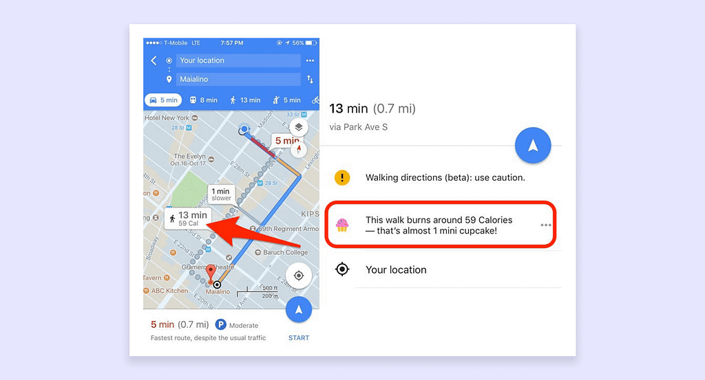 GOOGLE MAPS SHOWCASING ITS NOW-DEFUNCT CALORIE-TRACKING FUNCTIONALITY.