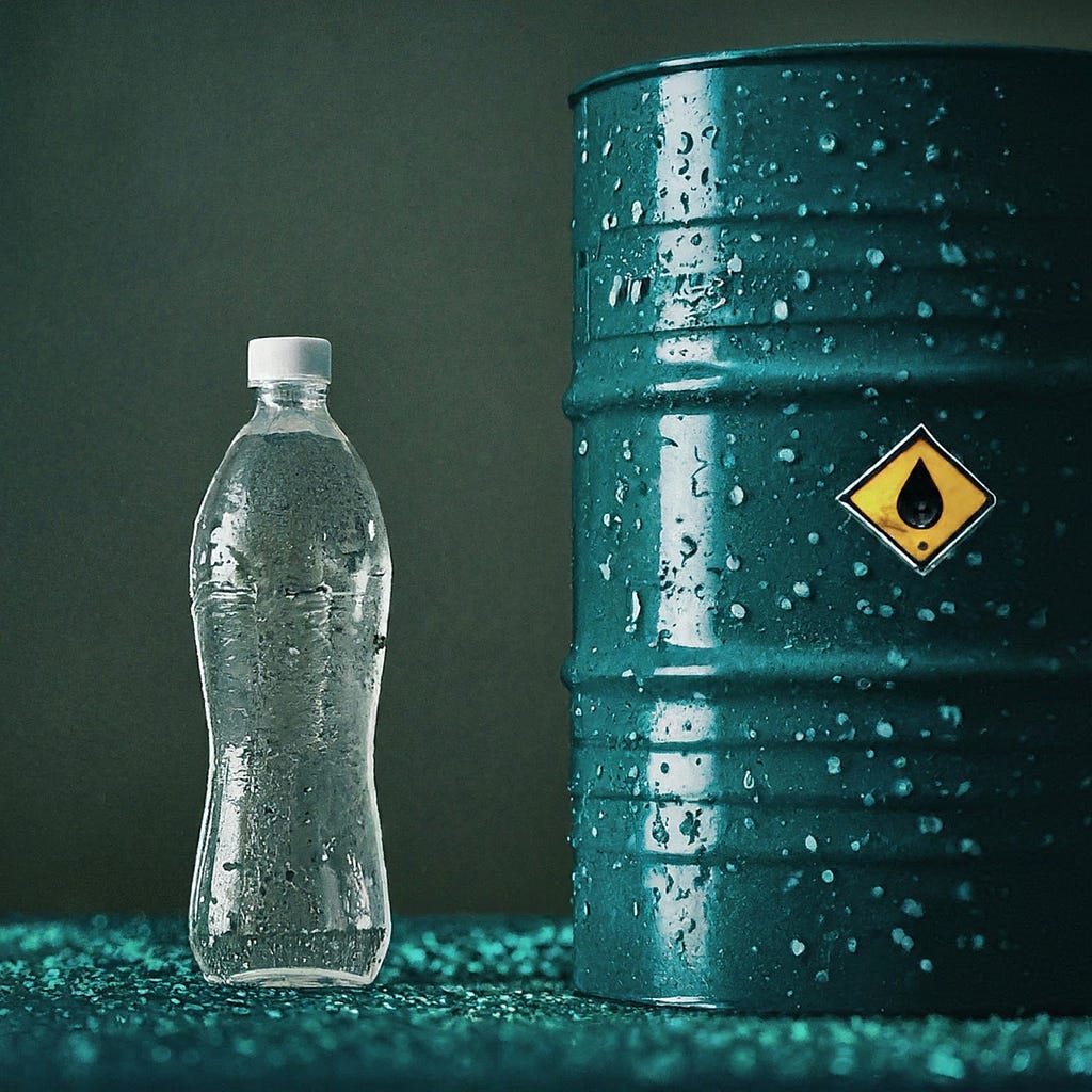 A clear plastic bottle filled with liquid standing next to a large, dark blue barrel with a hazardous material symbol, highlighting the environmental concerns associated with plastic and hazardous waste.