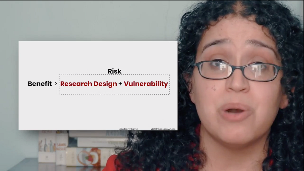 Alba talking with a screen that says Benefit > Risk (Research Design+Vulnerability)