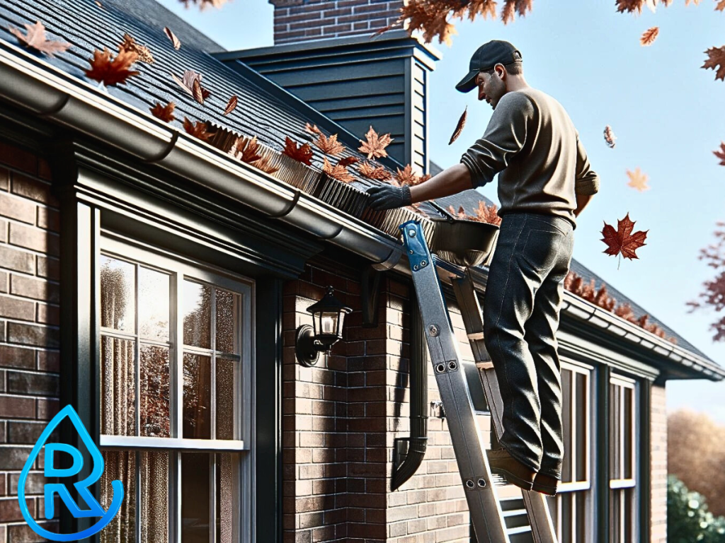 Man performing essential gutter maintenance to prevent ceiling water damage, depicted on a ladder clearing out autumn leaves from the house’s gutter system, against a backdrop of a shingled roof and brick facade with a clear sky, highlighting the importance of regular gutter cleaning in home care.