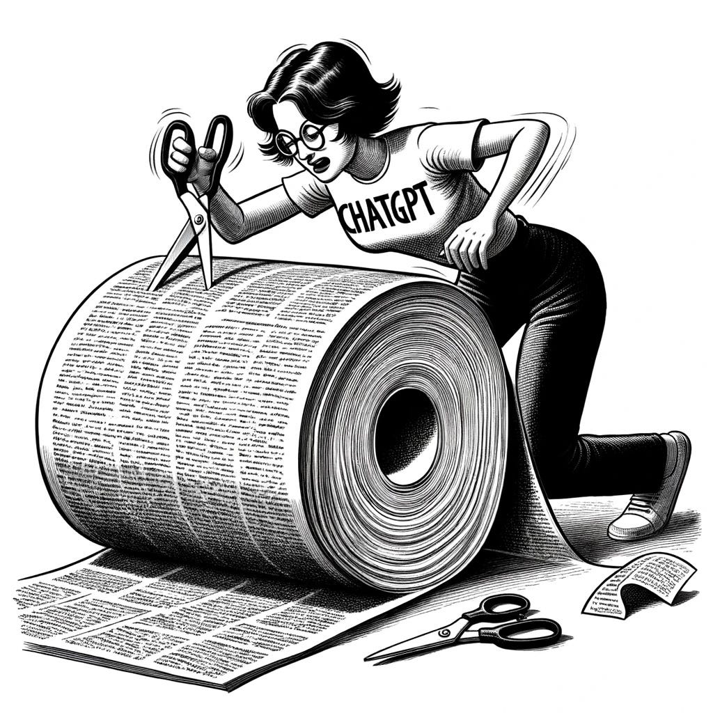 A cartoon depicting a woman wearing a “ChatGPT” shirt, actively engaged in cutting a large roll of paper on the floor. The paper, covered in text like a book, is visibly being cut by the scissors in the woman’s hands. The cut is halfway through the paper, illustrating the action of cutting. The cartoon should emphasize the humorous situation, with the woman’s expression showing focus and the absurdly long paper being sliced by the scissors in a detailed and exaggerated style.