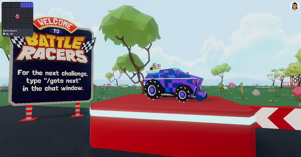 Car showcase at the Battle Racers area in Decentraland